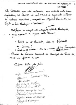 emenda modificativa ao projeto de resolução 00/2017